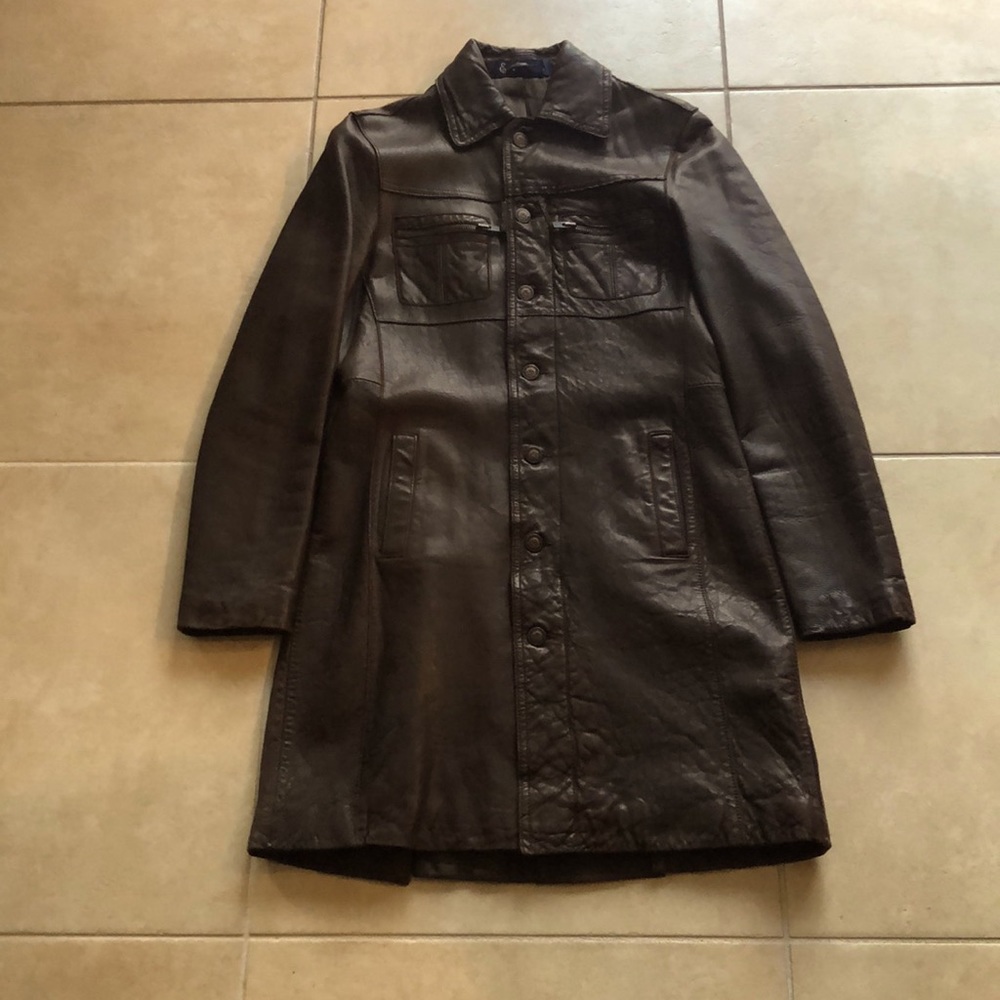 NWOT Earl Jeans Brown Leather 3/4 Duster jacket with 4 Pockets & Back Vents Sz S